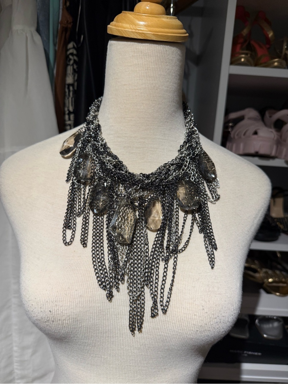 Club Monaco Gunmetal Fringe Necklace with Smoky Crystal Accents